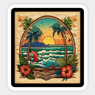 a beach scene with palm trees Sticker